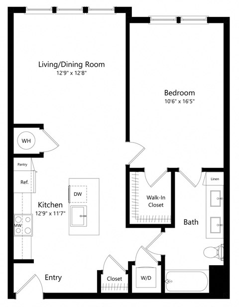 Floor plan for 1 bed, 1 bath, 815 sqft